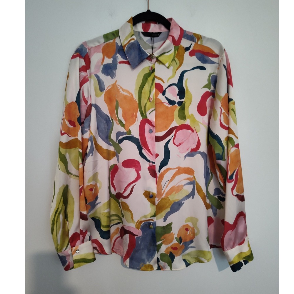 Zara Women Abstract Floral Print Button Down Blouse Multi-Color Long Sleeve M